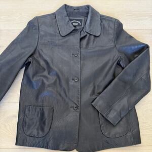 Y2K Vintage Black Leather Jacket Women's L Fourteen Zero Button Up Blazer